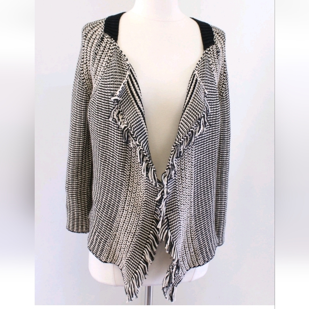 Chic Gerard Darel Black and White Open-Front Cardigan With Fringe Size 1 (S)